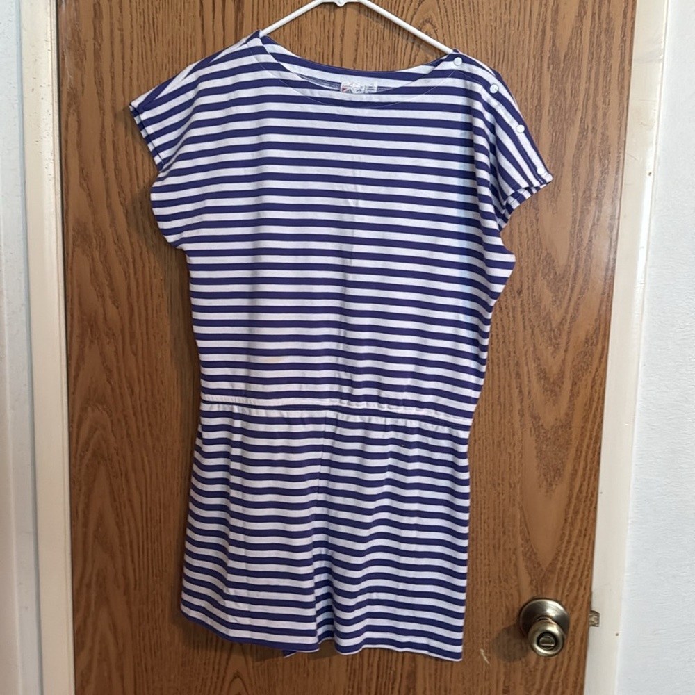 Vtg 80s Bay Club SS Momcore Purple White Striped Knit Shorts Romper Snaps L